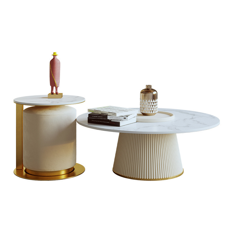 Round White and Gold Modern Coffee Table Set